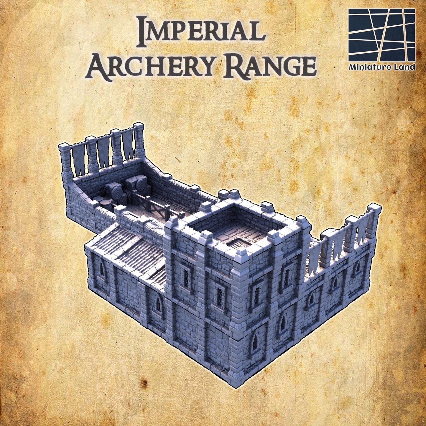 The Imperial Archery Range features detailed stonework with fortified walls, watchtowers, and an inner training area complete with targets and equipment storage. Perfect for medieval military scenarios in tabletop games.