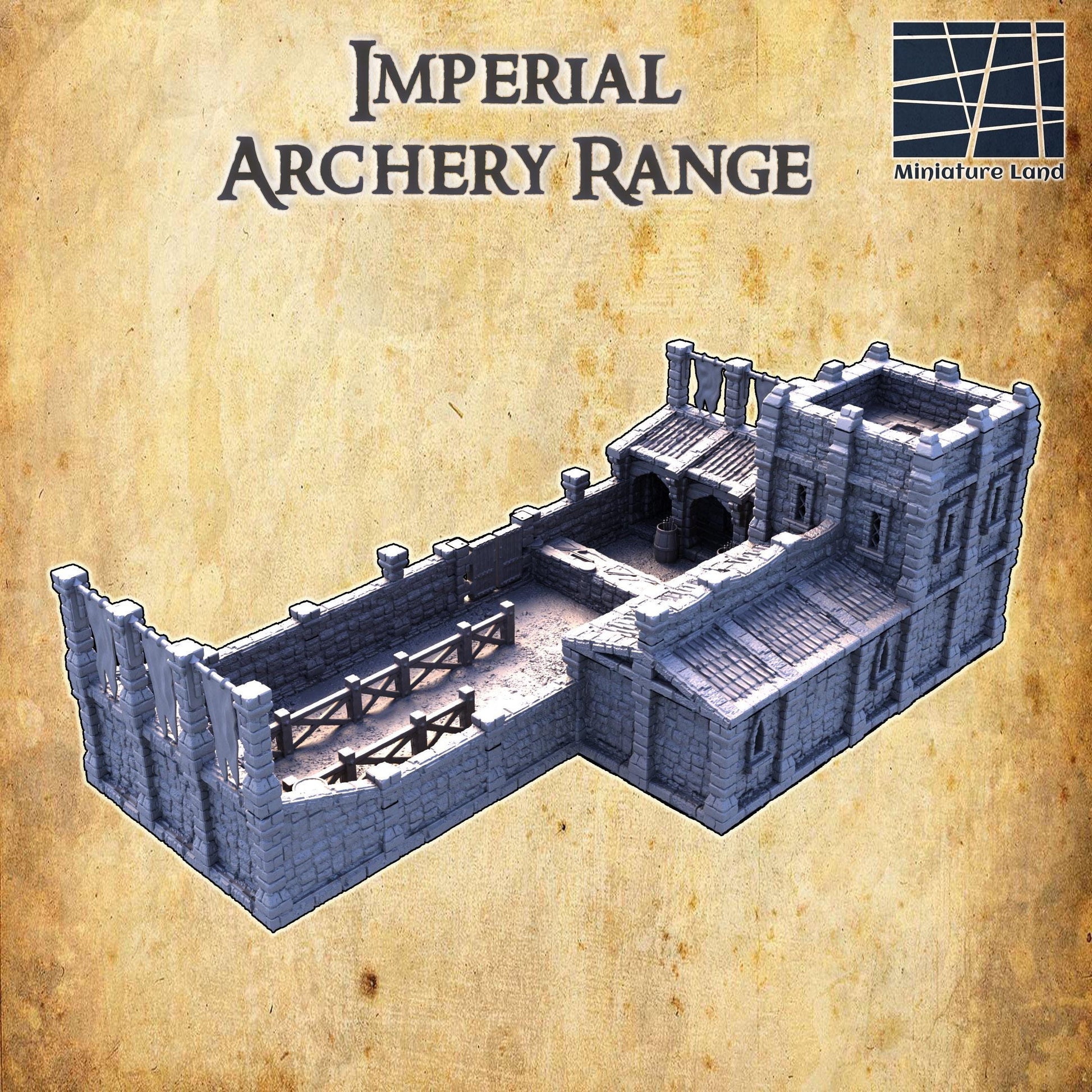 The Imperial Archery Range features detailed stonework with fortified walls, watchtowers, and an inner training area complete with targets and equipment storage. Perfect for medieval military scenarios in tabletop games.