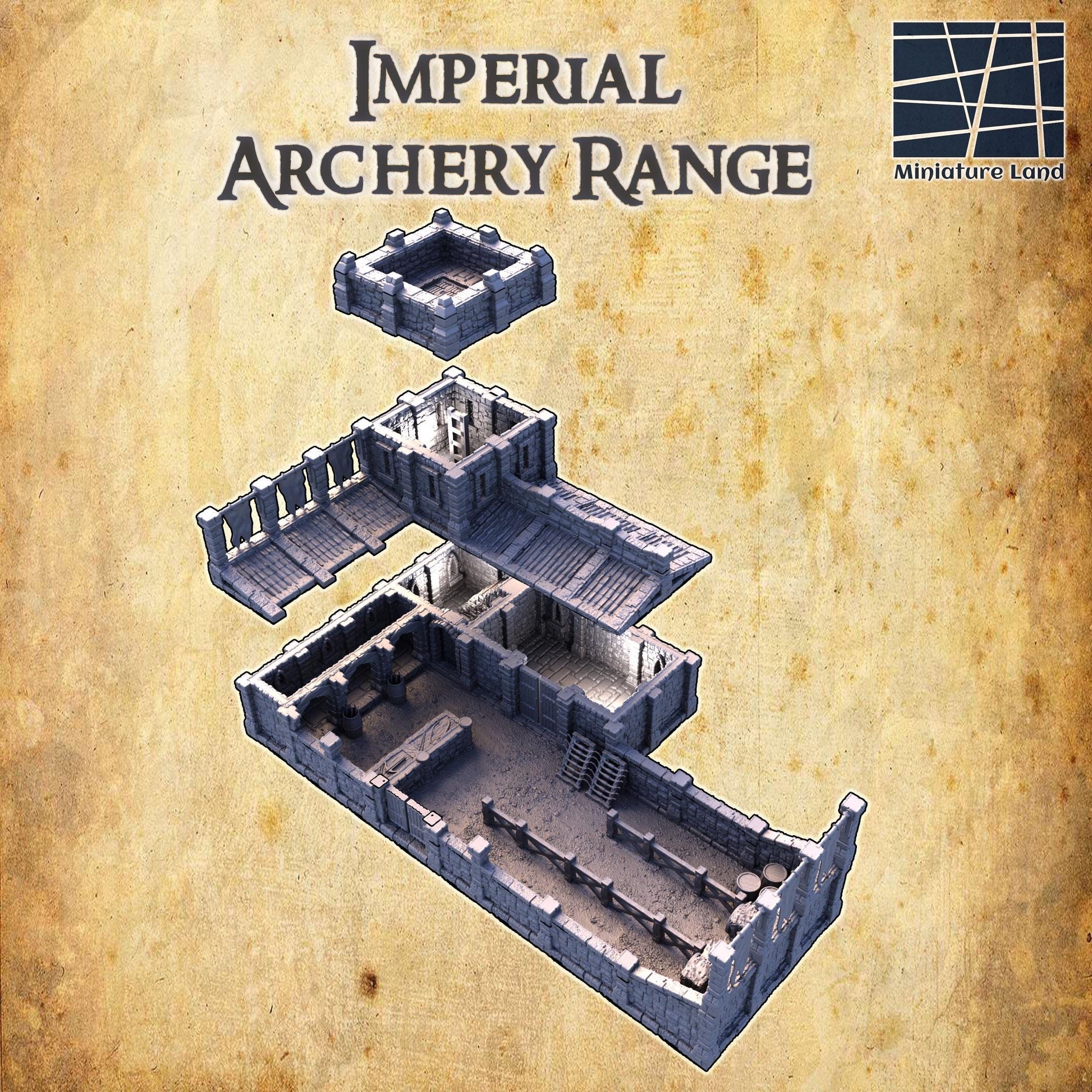 The Imperial Archery Range features detailed stonework with fortified walls, watchtowers, and an inner training area complete with targets and equipment storage. Perfect for medieval military scenarios in tabletop games.