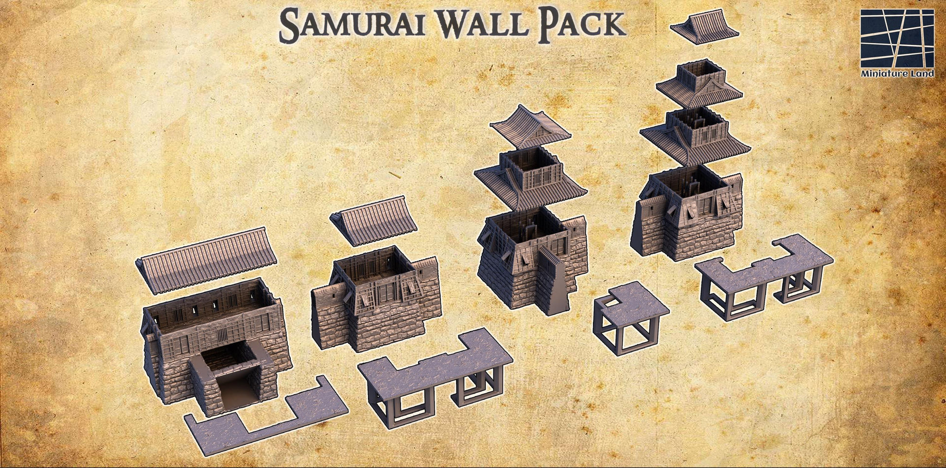 This Samurai Wall Pack features traditional Edo period fortifications with detailed stone and wooden textures, including towers and walls, ideal for historical and fantasy tabletop games. The set includes multiple structures with accessible interiors