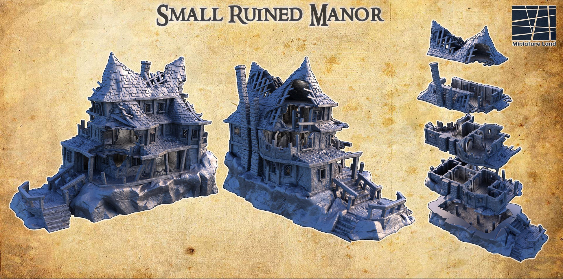 Small Ruined Manor showcases a gothic haunted house with intricate decay, featuring a sagging roof, broken windows, and weathered stone walls. Perfect for adding a spooky atmosphere to tabletop games, this model offers detailed interior & exterior