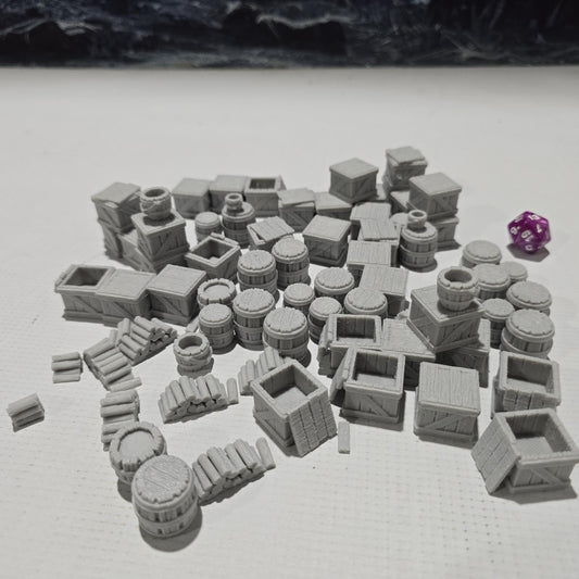 scatter terrain pack includes a variety of crates, barrels, and other miscellaneous objects, perfect for adding realistic details to your medieval or fantasy tabletop games. intricately designed with textures that mimic real wood and metal.