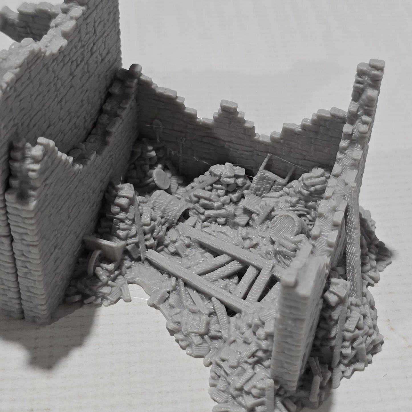 Grimdale Ruined Farmhouse for tabletop wargaming, ruined farmhouse, DnD, Pathfinder, Bolt Action, Revolutionary War games, 3D printed PLA terrain, high-quality ruins, realistic textures, strategic gameplay, RPG scenery, detailed architecture.