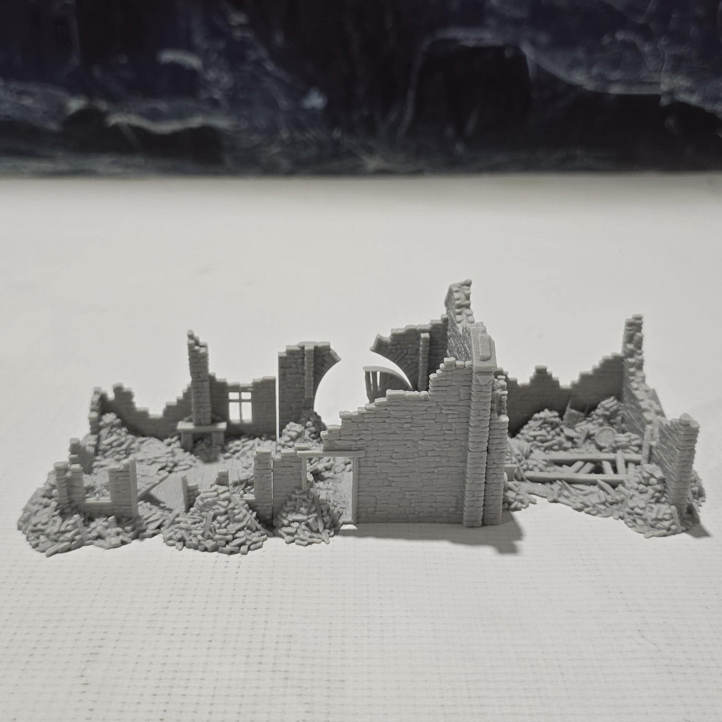 Grimdale Ruined Farmhouse for tabletop wargaming, ruined farmhouse, DnD, Pathfinder, Bolt Action, Revolutionary War games, 3D printed PLA terrain, high-quality ruins, realistic textures, strategic gameplay, RPG scenery, detailed architecture.