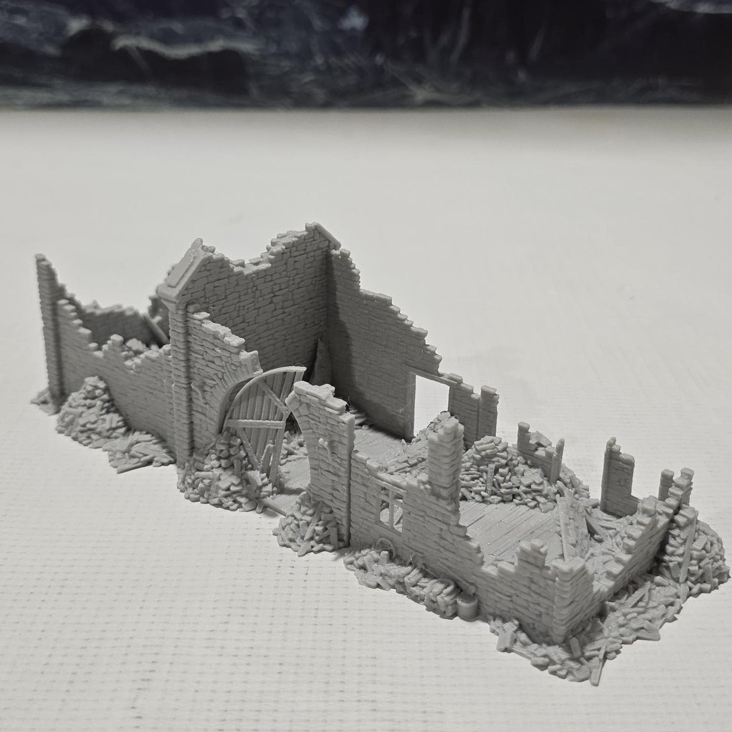 Grimdale Ruined Farmhouse for tabletop wargaming, ruined farmhouse, DnD, Pathfinder, Bolt Action, Revolutionary War games, 3D printed PLA terrain, high-quality ruins, realistic textures, strategic gameplay, RPG scenery, detailed architecture.