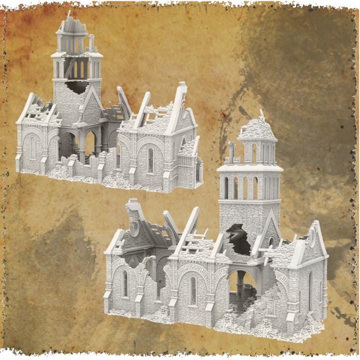 Grimdale Church of the Dale for tabletop wargaming, ruined church, DnD, Pathfinder, Bolt Action, Revolutionary War games, 3D printed PLA terrain, high-quality ruins, realistic textures, strategic gameplay, RPG scenery, detailed architecture.