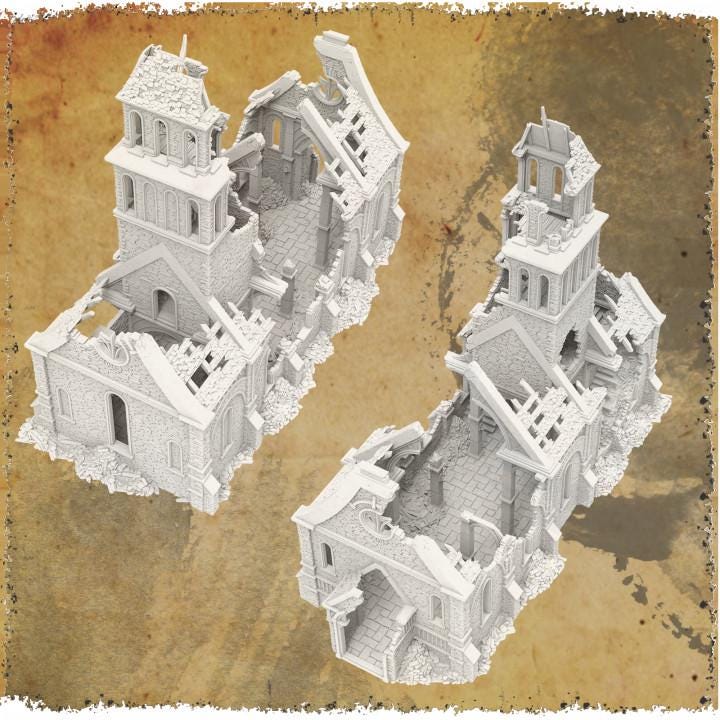 Grimdale Church of the Dale for tabletop wargaming, ruined church, DnD, Pathfinder, Bolt Action, Revolutionary War games, 3D printed PLA terrain, high-quality ruins, realistic textures, strategic gameplay, RPG scenery, detailed architecture.