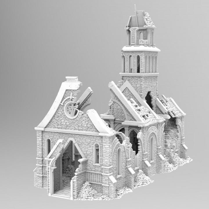 Grimdale Church of the Dale for tabletop wargaming, ruined church, DnD, Pathfinder, Bolt Action, Revolutionary War games, 3D printed PLA terrain, high-quality ruins, realistic textures, strategic gameplay, RPG scenery, detailed architecture.