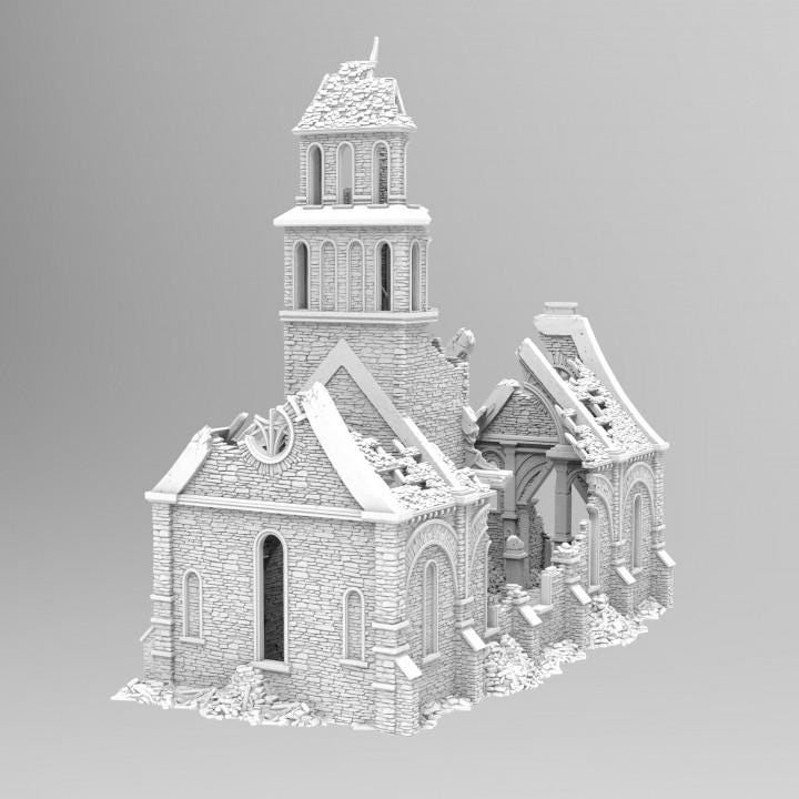 Grimdale Church of the Dale for tabletop wargaming, ruined church, DnD, Pathfinder, Bolt Action, Revolutionary War games, 3D printed PLA terrain, high-quality ruins, realistic textures, strategic gameplay, RPG scenery, detailed architecture.