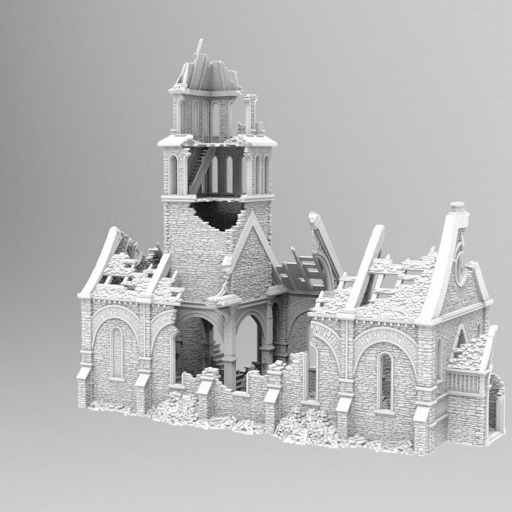 Grimdale Church of the Dale for tabletop wargaming, ruined church, DnD, Pathfinder, Bolt Action, Revolutionary War games, 3D printed PLA terrain, high-quality ruins, realistic textures, strategic gameplay, RPG scenery, detailed architecture.