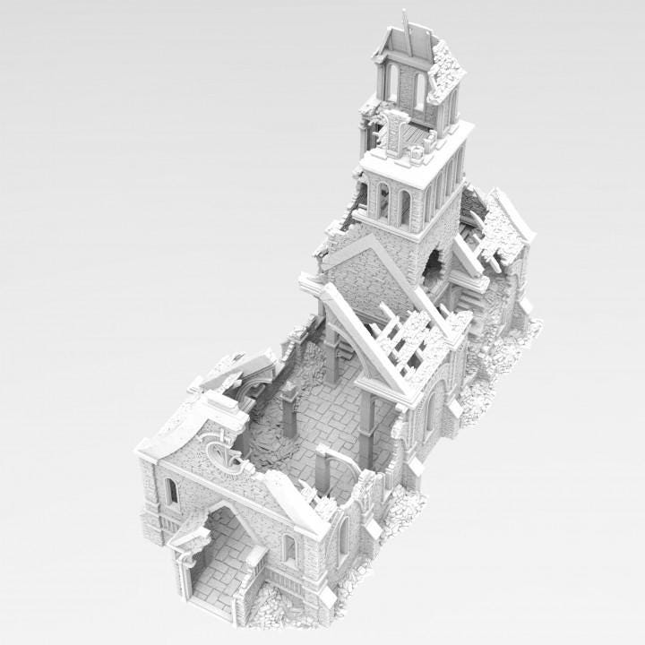 Grimdale Church of the Dale for tabletop wargaming, ruined church, DnD, Pathfinder, Bolt Action, Revolutionary War games, 3D printed PLA terrain, high-quality ruins, realistic textures, strategic gameplay, RPG scenery, detailed architecture.