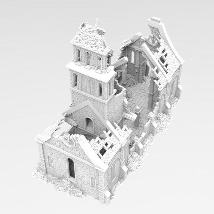 Grimdale Church of the Dale for tabletop wargaming, ruined church, DnD, Pathfinder, Bolt Action, Revolutionary War games, 3D printed PLA terrain, high-quality ruins, realistic textures, strategic gameplay, RPG scenery, detailed architecture.