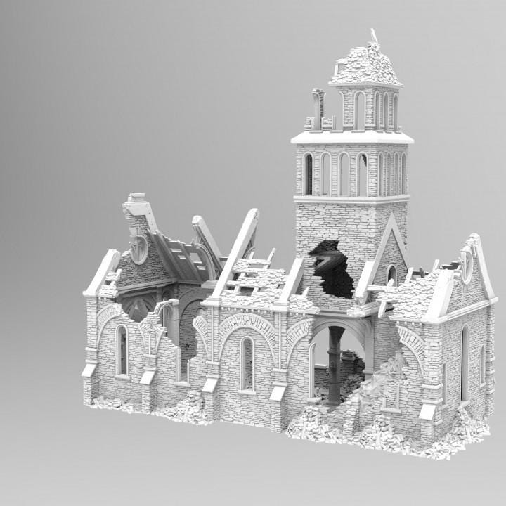 Grimdale Church of the Dale for tabletop wargaming, ruined church, DnD, Pathfinder, Bolt Action, Revolutionary War games, 3D printed PLA terrain, high-quality ruins, realistic textures, strategic gameplay, RPG scenery, detailed architecture.