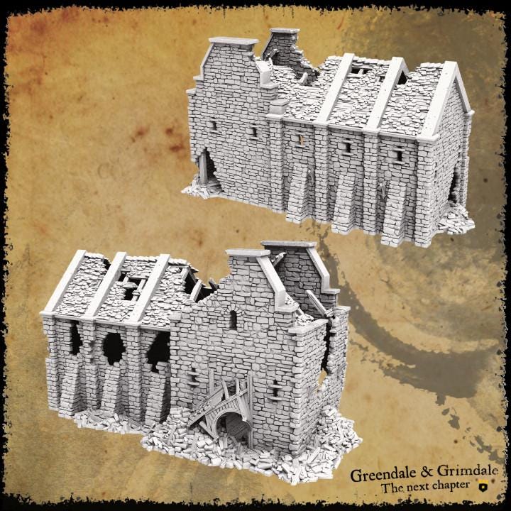 Grimdale Armory for tabletop wargaming, ruined armory, DnD, Pathfinder, Bolt Action, Revolutionary War games, 3D printed PLA terrain, high-quality ruins, realistic textures, strategic gameplay, RPG scenery, detailed architecture.