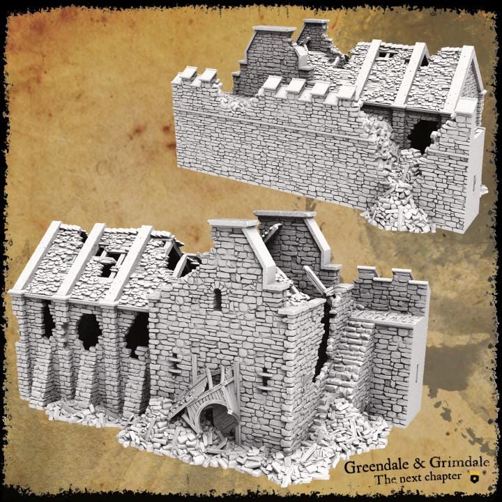 Grimdale Armory for tabletop wargaming, ruined armory, DnD, Pathfinder, Bolt Action, Revolutionary War games, 3D printed PLA terrain, high-quality ruins, realistic textures, strategic gameplay, RPG scenery, detailed architecture.