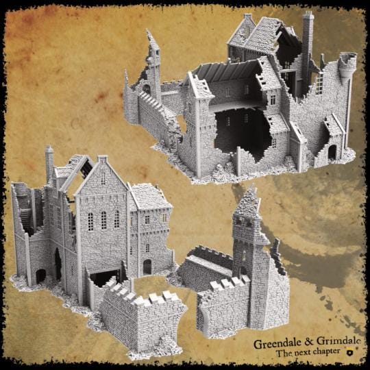 Grimdale Ruined Castle for tabletop wargaming, ruined castle, DnD, Pathfinder, Bolt Action, Revolutionary War games, 3D printed PLA terrain, high-quality ruins, realistic textures, strategic gameplay, RPG scenery, detailed architecture.