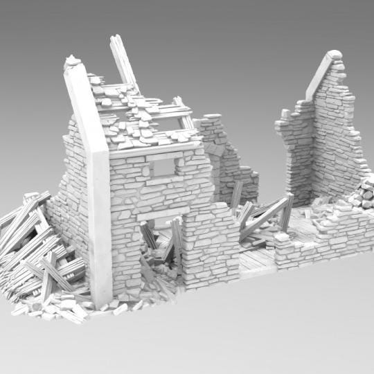 Grimdale Ruined Cattle Shed for tabletop wargaming, ruined shed, DnD, Pathfinder, Bolt Action, Revolutionary War games, 3D printed PLA terrain, high-quality ruins, realistic textures, strategic gameplay, RPG scenery, detailed architecture.