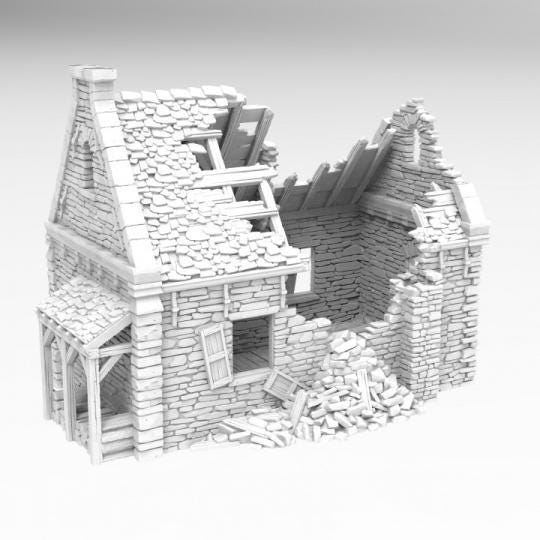 Grimdale Ruined Chiswicks Residence for tabletop wargaming, ruined residence, DnD, Pathfinder, Bolt Action, Revolutionary War games, 3Dprinted PLA terrain, high-quality ruins, realistic textures, strategic gameplay, RPG scenery, detailed architecture