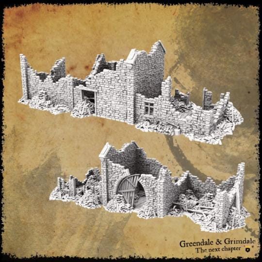 Grimdale Ruined Farmhouse for tabletop wargaming, ruined farmhouse, DnD, Pathfinder, Bolt Action, Revolutionary War games, 3D printed PLA terrain, high-quality ruins, realistic textures, strategic gameplay, RPG scenery, detailed architecture.