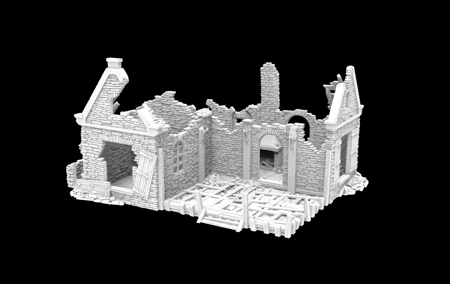 Grimdale GoldCrown Tavern for tabletop wargaming, ruined tavern, DnD, Pathfinder, Bolt Action, Revolutionary War games, 3D printed PLA terrain, high-quality ruins, realistic textures, strategic gameplay, RPG scenery, detailed architecture.