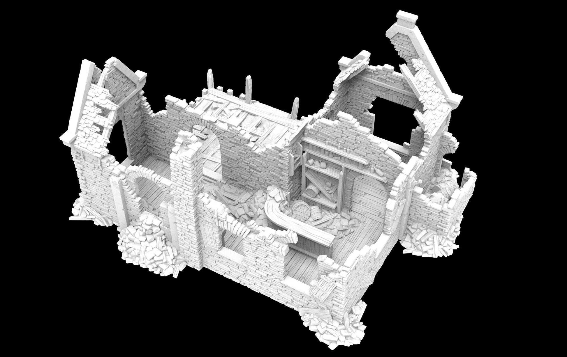 Grimdale GoldCrown Tavern for tabletop wargaming, ruined tavern, DnD, Pathfinder, Bolt Action, Revolutionary War games, 3D printed PLA terrain, high-quality ruins, realistic textures, strategic gameplay, RPG scenery, detailed architecture.