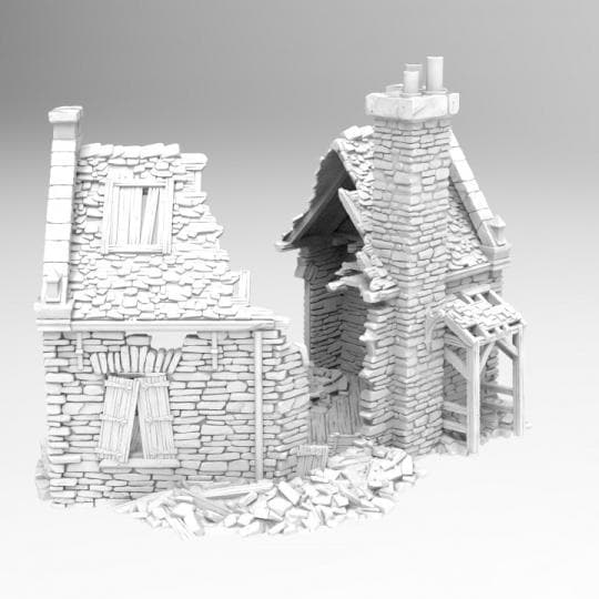 Intricately designed ruins featuring detailed stone walls, wooden beams, and a partially collapsed roof. Realistic textures of brick and wood debris scattered around the structure, with broken windows, doors, and chimney to the authentic ruined look.