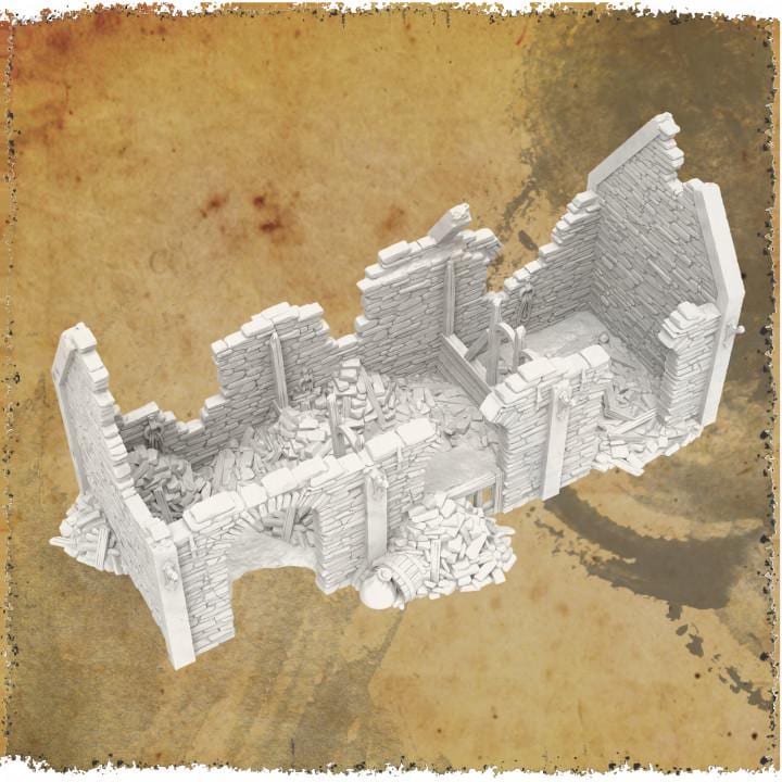 Grimdale Road Side Inn for tabletop wargaming, ruined inn, DnD, Pathfinder, Bolt Action, Revolutionary War games, 3D printed PLA terrain, high-quality ruins, realistic textures, strategic gameplay, RPG scenery, detailed architecture.