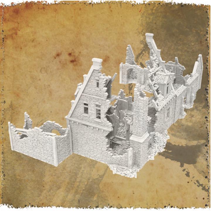 Grimdale Road Side Inn for tabletop wargaming, ruined inn, DnD, Pathfinder, Bolt Action, Revolutionary War games, 3D printed PLA terrain, high-quality ruins, realistic textures, strategic gameplay, RPG scenery, detailed architecture.