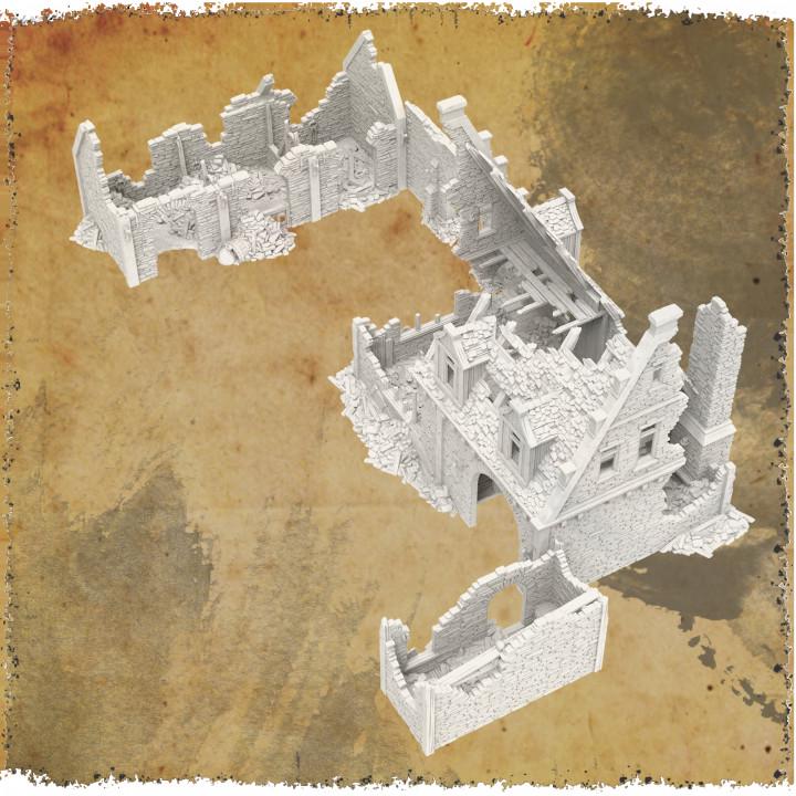 Grimdale Road Side Inn for tabletop wargaming, ruined inn, DnD, Pathfinder, Bolt Action, Revolutionary War games, 3D printed PLA terrain, high-quality ruins, realistic textures, strategic gameplay, RPG scenery, detailed architecture.