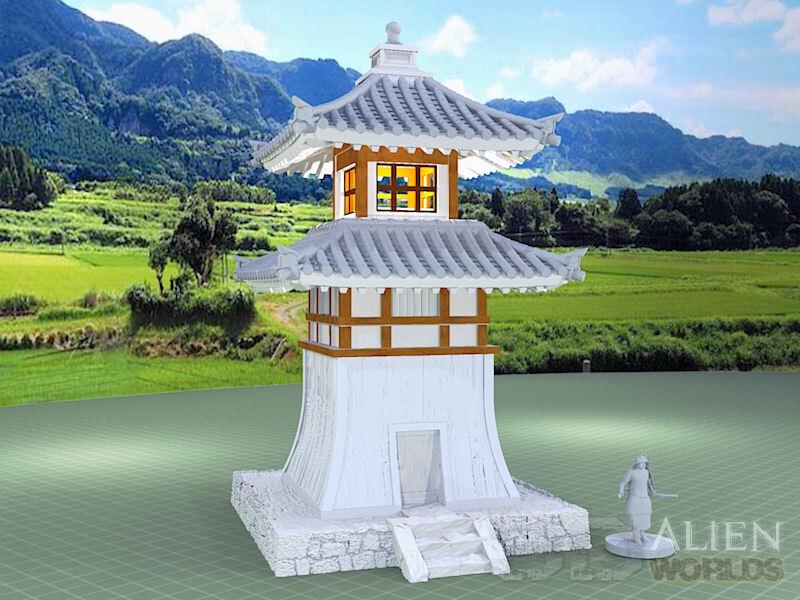 This 3D-printed Samurai Lighthouse model showcases detailed Japanese architecture with curved roofs, wooden beams, and a stone foundation. The model includes two playable levels, perfect for tabletop RPGs, wargames, or as a display piece.