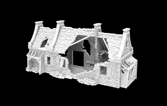 Grimdale Moore&#39;s Residence Ruin for tabletop wargaming, ruined residence, DnD, Pathfinder, Bolt Action, Revolutionary War games, 3D printed PLA terrain, high-quality ruins, realistic textures, strategic gameplay, RPG scenery, detailed architecture.