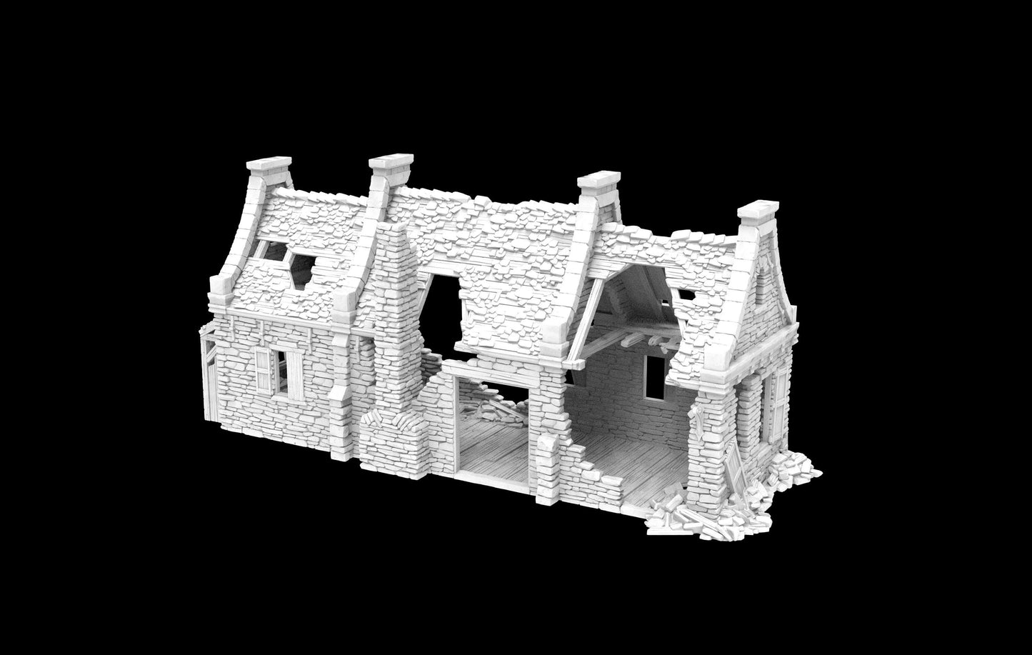 Grimdale Moore&#39;s Residence Ruin for tabletop wargaming, ruined residence, DnD, Pathfinder, Bolt Action, Revolutionary War games, 3D printed PLA terrain, high-quality ruins, realistic textures, strategic gameplay, RPG scenery, detailed architecture.