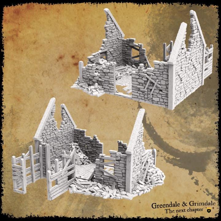 Grimdale Slums Set of 3 with common grounds plateau for tabletop wargaming, ruined slums, DnD, Pathfinder, Bolt Action, Revolutionary War games, 3D printed PLA terrain, high-quality ruins, realistic textures, strategic gameplay, RPG scenery.