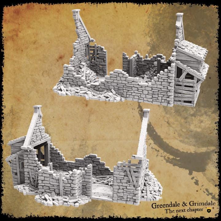 Grimdale Slums Set of 3 with common grounds plateau for tabletop wargaming, ruined slums, DnD, Pathfinder, Bolt Action, Revolutionary War games, 3D printed PLA terrain, high-quality ruins, realistic textures, strategic gameplay, RPG scenery.