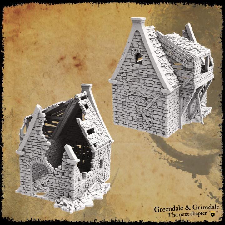 Grimdale Slums Set of 3 with common grounds plateau for tabletop wargaming, ruined slums, DnD, Pathfinder, Bolt Action, Revolutionary War games, 3D printed PLA terrain, high-quality ruins, realistic textures, strategic gameplay, RPG scenery.