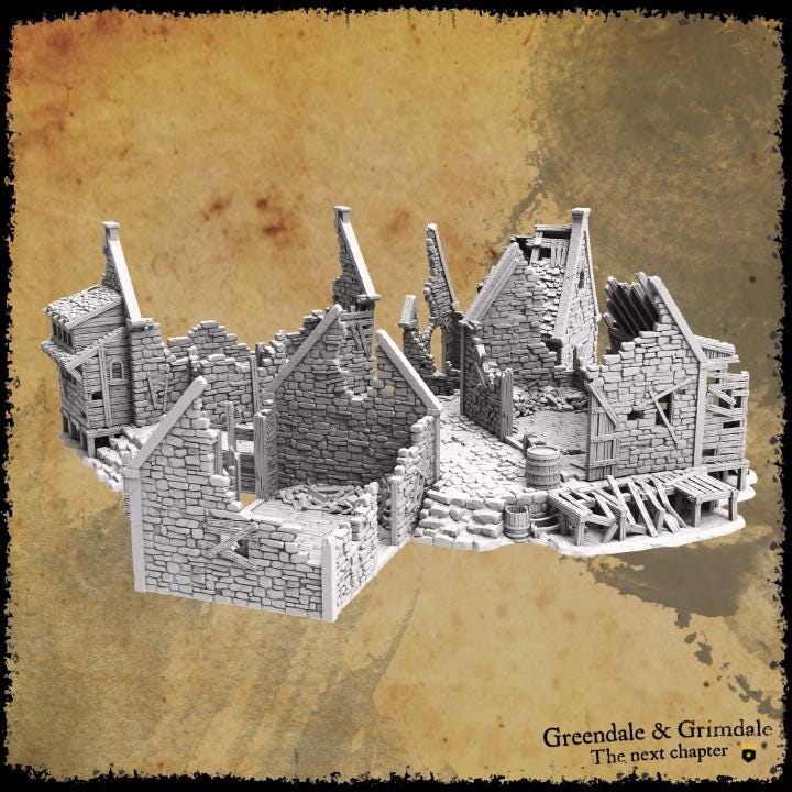 Grimdale Slums Set of 3 with common grounds plateau for tabletop wargaming, ruined slums, DnD, Pathfinder, Bolt Action, Revolutionary War games, 3D printed PLA terrain, high-quality ruins, realistic textures, strategic gameplay, RPG scenery.