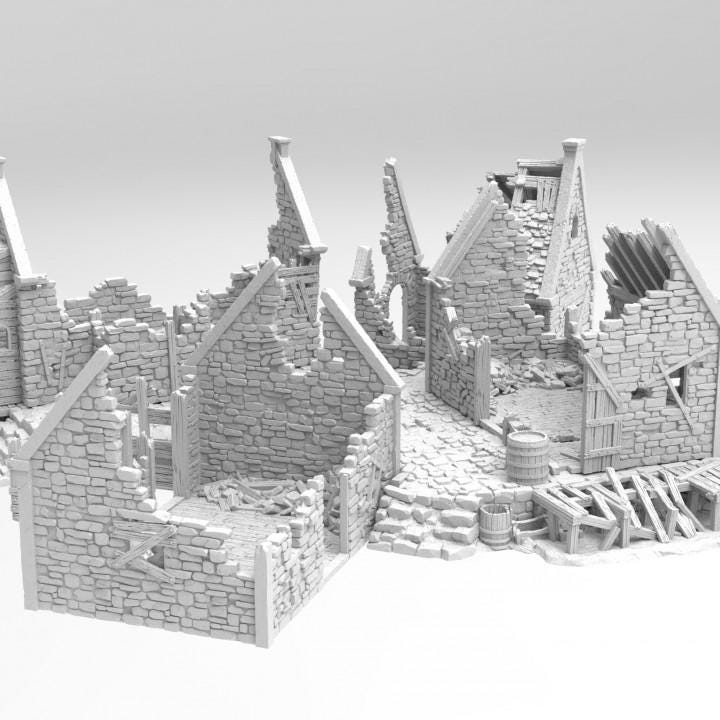 Grimdale Slums Set of 3 with common grounds plateau for tabletop wargaming, ruined slums, DnD, Pathfinder, Bolt Action, Revolutionary War games, 3D printed PLA terrain, high-quality ruins, realistic textures, strategic gameplay, RPG scenery.