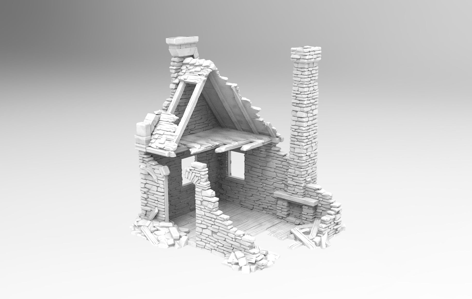 Grimdale Steele Residence Ruin for tabletop wargaming, ruined residence, DnD, Pathfinder, Bolt Action, Revolutionary War games, 3D printed PLA terrain, high-quality ruins, realistic textures, strategic gameplay, RPG scenery.