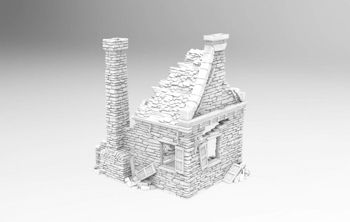 Grimdale Steele Residence Ruin for tabletop wargaming, ruined residence, DnD, Pathfinder, Bolt Action, Revolutionary War games, 3D printed PLA terrain, high-quality ruins, realistic textures, strategic gameplay, RPG scenery.