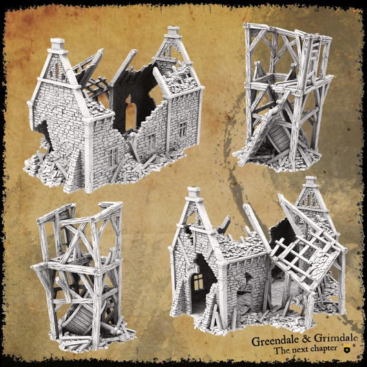 Grimdale Stonemason Ruin for tabletop wargaming, ruined stonemason workshop, DnD, Pathfinder, Bolt Action, Revolutionary War games, 3D printed PLA terrain, high-quality ruins, realistic textures, strategic gameplay, RPG scenery.