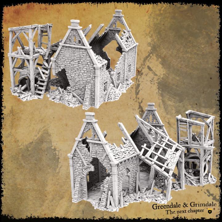 Grimdale Stonemason Ruin for tabletop wargaming, ruined stonemason workshop, DnD, Pathfinder, Bolt Action, Revolutionary War games, 3D printed PLA terrain, high-quality ruins, realistic textures, strategic gameplay, RPG scenery.