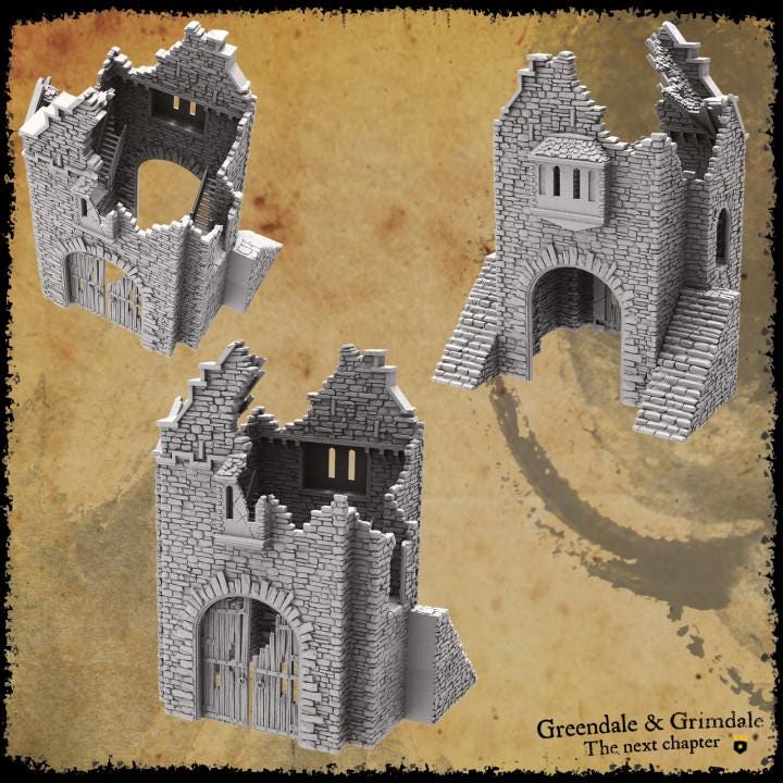 rimdale Town Wall Ruins for tabletop wargaming, ruined town walls, DnD, Pathfinder, Bolt Action, Revolutionary War games, 3D printed PLA terrain, high-quality ruins, realistic textures, strategic gameplay, RPG scenery.