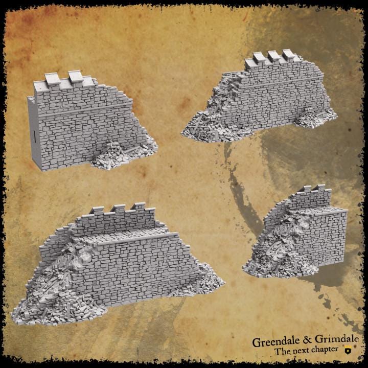 rimdale Town Wall Ruins for tabletop wargaming, ruined town walls, DnD, Pathfinder, Bolt Action, Revolutionary War games, 3D printed PLA terrain, high-quality ruins, realistic textures, strategic gameplay, RPG scenery.