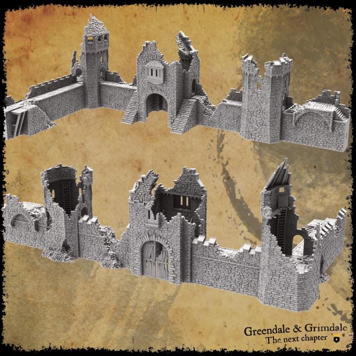 rimdale Town Wall Ruins for tabletop wargaming, ruined town walls, DnD, Pathfinder, Bolt Action, Revolutionary War games, 3D printed PLA terrain, high-quality ruins, realistic textures, strategic gameplay, RPG scenery.