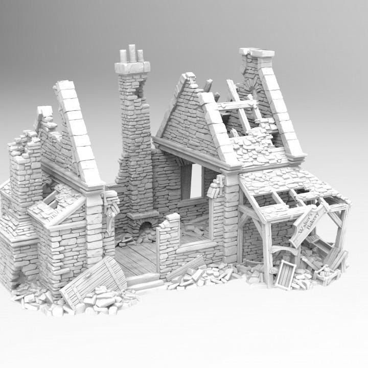 Grimdale Walter&#39;s Bakery Ruin for tabletop wargaming, ruined bakery, DnD, Pathfinder, Bolt Action, Revolutionary War games, 3D printed PLA terrain, high-quality ruins, realistic textures, strategic gameplay, RPG scenery.