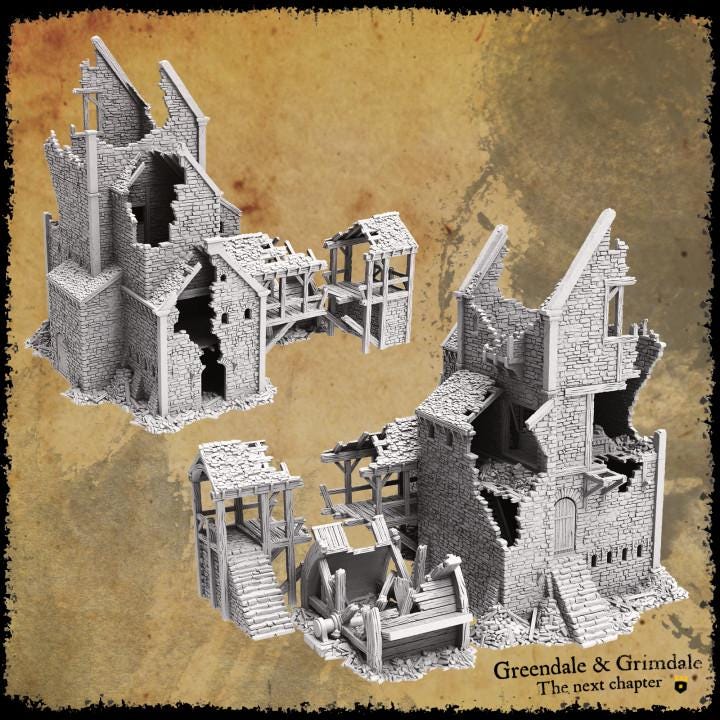 A detailed 3D-printed ruin of a woodmill with collapsed stone walls, wooden beams, and debris. The structure includes remnants of the mill&#39;s machinery, broken workbenches, and scattered wooden debris, capturing a realistic post-destruction scene.