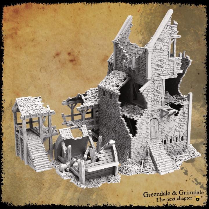 A detailed 3D-printed ruin of a woodmill with collapsed stone walls, wooden beams, and debris. The structure includes remnants of the mill&#39;s machinery, broken workbenches, and scattered wooden debris, capturing a realistic post-destruction scene.