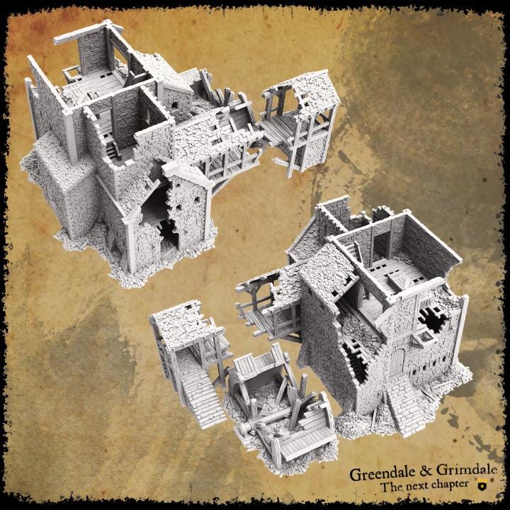 A detailed 3D-printed ruin of a woodmill with collapsed stone walls, wooden beams, and debris. The structure includes remnants of the mill&#39;s machinery, broken workbenches, and scattered wooden debris, capturing a realistic post-destruction scene.