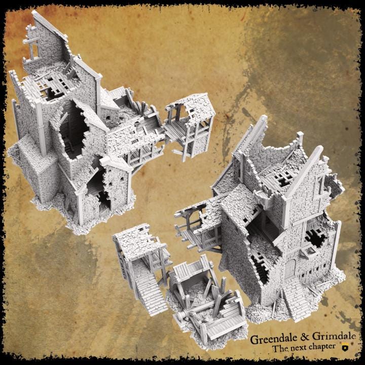 A detailed 3D-printed ruin of a woodmill with collapsed stone walls, wooden beams, and debris. The structure includes remnants of the mill&#39;s machinery, broken workbenches, and scattered wooden debris, capturing a realistic post-destruction scene.