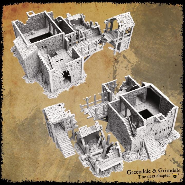 A detailed 3D-printed ruin of a woodmill with collapsed stone walls, wooden beams, and debris. The structure includes remnants of the mill&#39;s machinery, broken workbenches, and scattered wooden debris, capturing a realistic post-destruction scene.